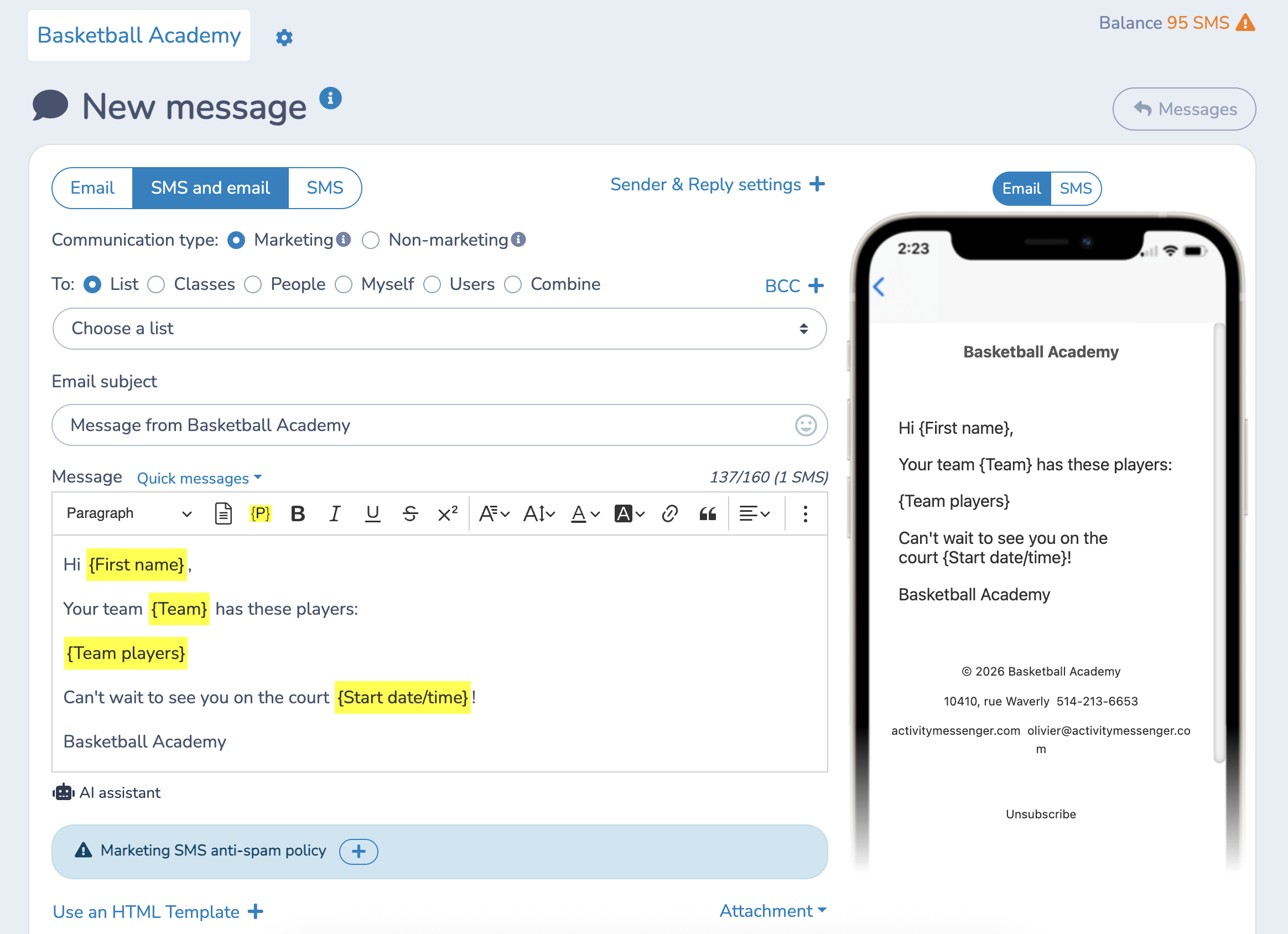 Basketball management software email/sms example